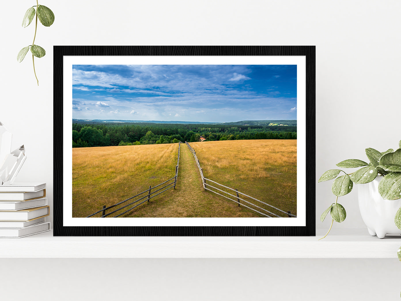 Path Leading To Hill With Tower Glass Framed Wall Art, Ready to Hang Quality Print With White Border Black