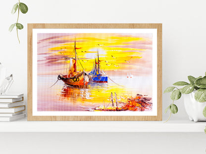 Boats On Sea Oil Painting Glass Framed Wall Art, Ready to Hang Quality Print With White Border Oak