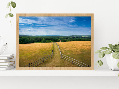 Path Leading To Hill With Tower Glass Framed Wall Art, Ready to Hang Quality Print Without White Border Oak