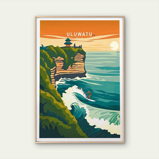 Uluwatu Bali Beach, Surfing in Big Waves Travel Poster Print Wall Art - Bella Home Decor