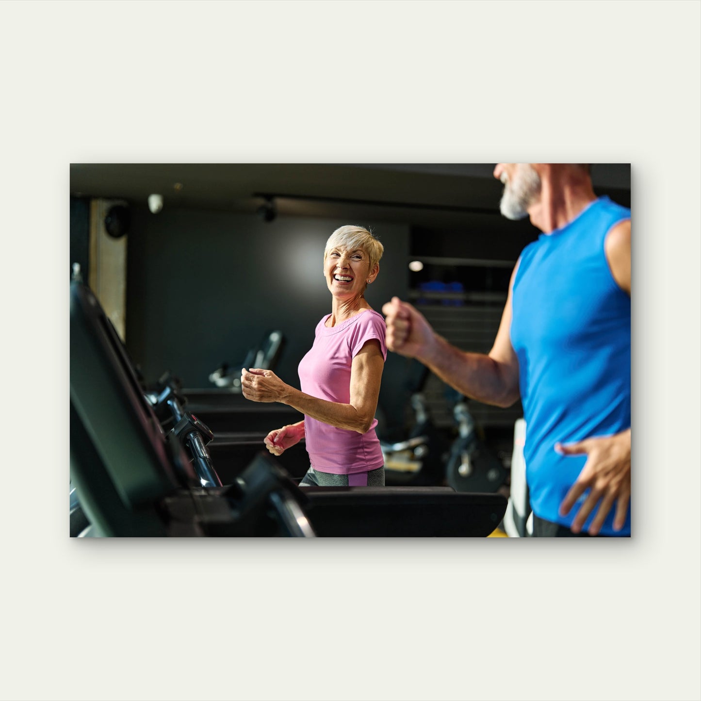 Senior Couple Running On Treadmills Gym Fitness 5mm thick Plastic Poster Ready to Hang 90x60cm