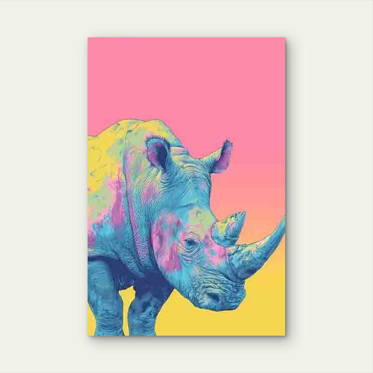 Pink, Blue, Yellow Abstract Rhino 40x60cm Metal Print Ready to Hang