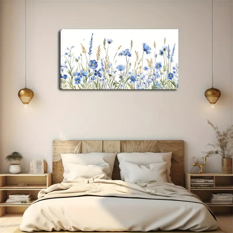 Meadow Blue Cornflower Wall Art Canvas Office Home Room Framed 120x60cm - Bella Home Decor