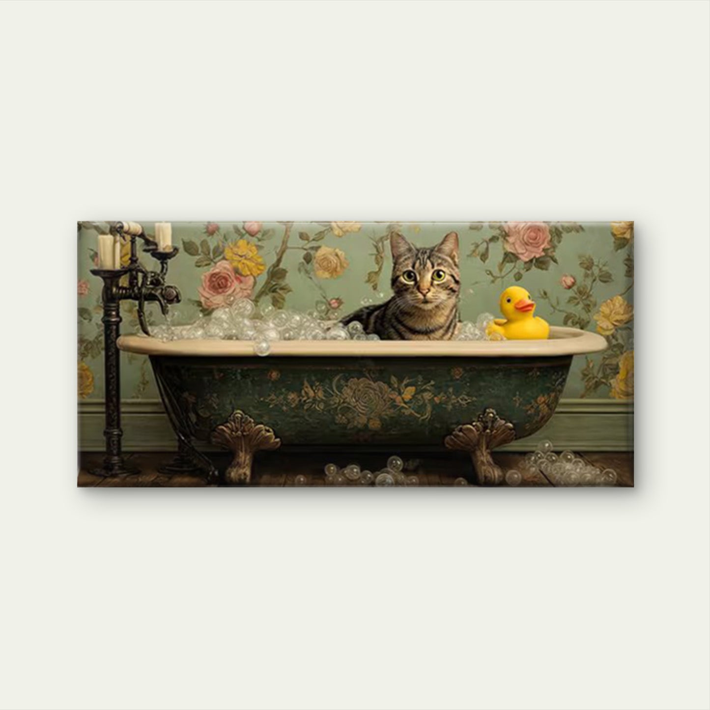 Vintage Bathtub with Rubber Duck & Bubbles Wall Art Canvas Office Home Room Framed 120x60cm