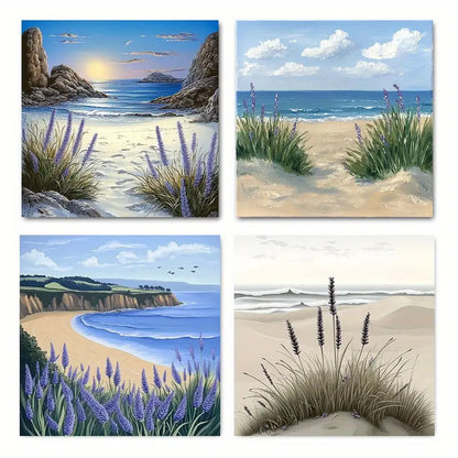 4pcs Beach & Ocean Scene With Floral Accent Wall Art Canvas Framed