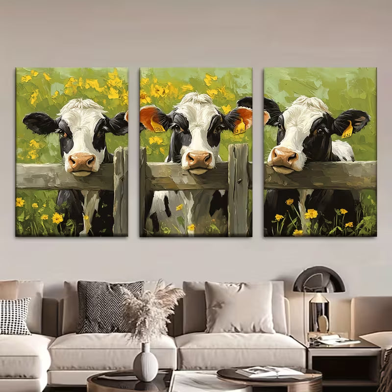 3pcs Depicting a Cow in a Yellow Flower Field Wall Art Set Canvas Framed 40x60cm - High Quality Print 100% Australian Made Wall Canvas Ready to Hang - Bella Home Decor