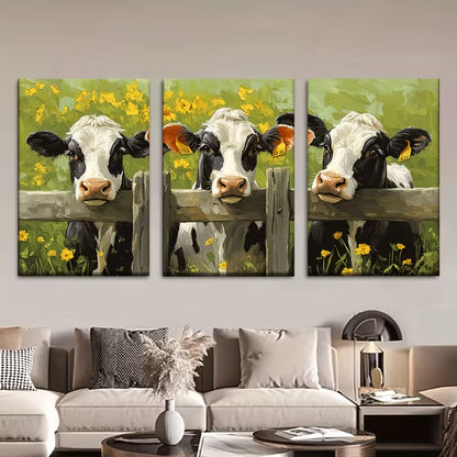 3pcs Depicting a Cow in a Yellow Flower Field Wall Art Set Canvas Framed 40x60cm - High Quality Print 100% Australian Made Wall Canvas Ready to Hang - Bella Home Decor