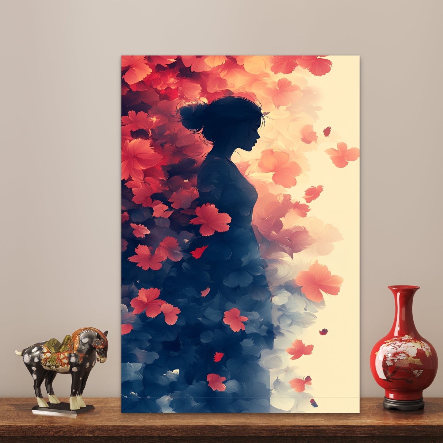 Silhouette Woman Floral Petals Dreamy Red Peach Cream 40x60cm Metal Print Ready to Hang