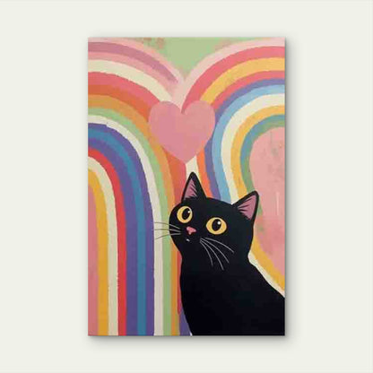Black Cat Looking at Rainbow Heart Metal Print Ready to Hang