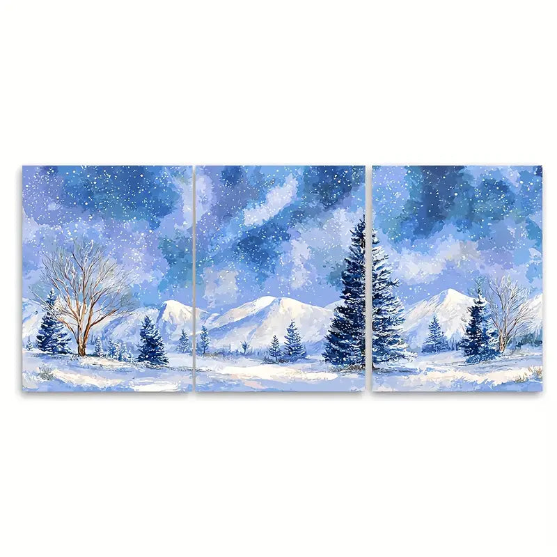 3pcs Winter Wonderland Watercolor Snowy Mountain Metal Print Ready to Hang Art