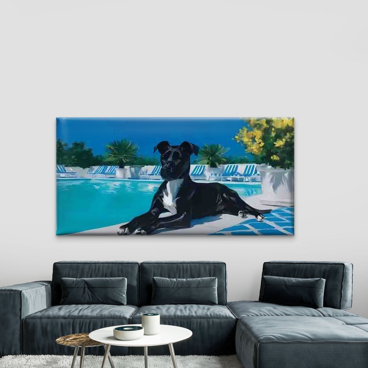 Black Dog by Swimming Pool Wall Art Canvas Office Home Room Framed 120x60cm
