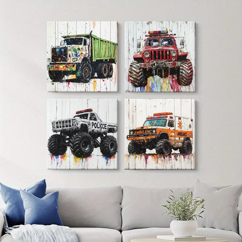 4pcs Wood Graffiti Truck Square  Wall Art Canvas Framed
