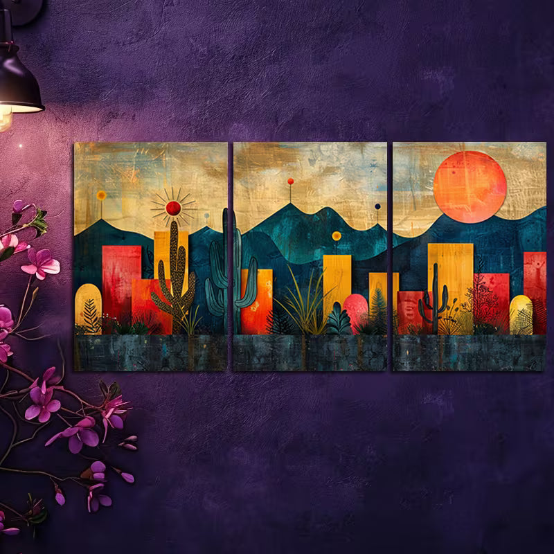 3pcs Vibrant Moon Plant Flowers Illustration Wall Art Set Canvas Framed 50x70cm - High Quality Print 100% Australian Made Wall Canvas Ready to Hang