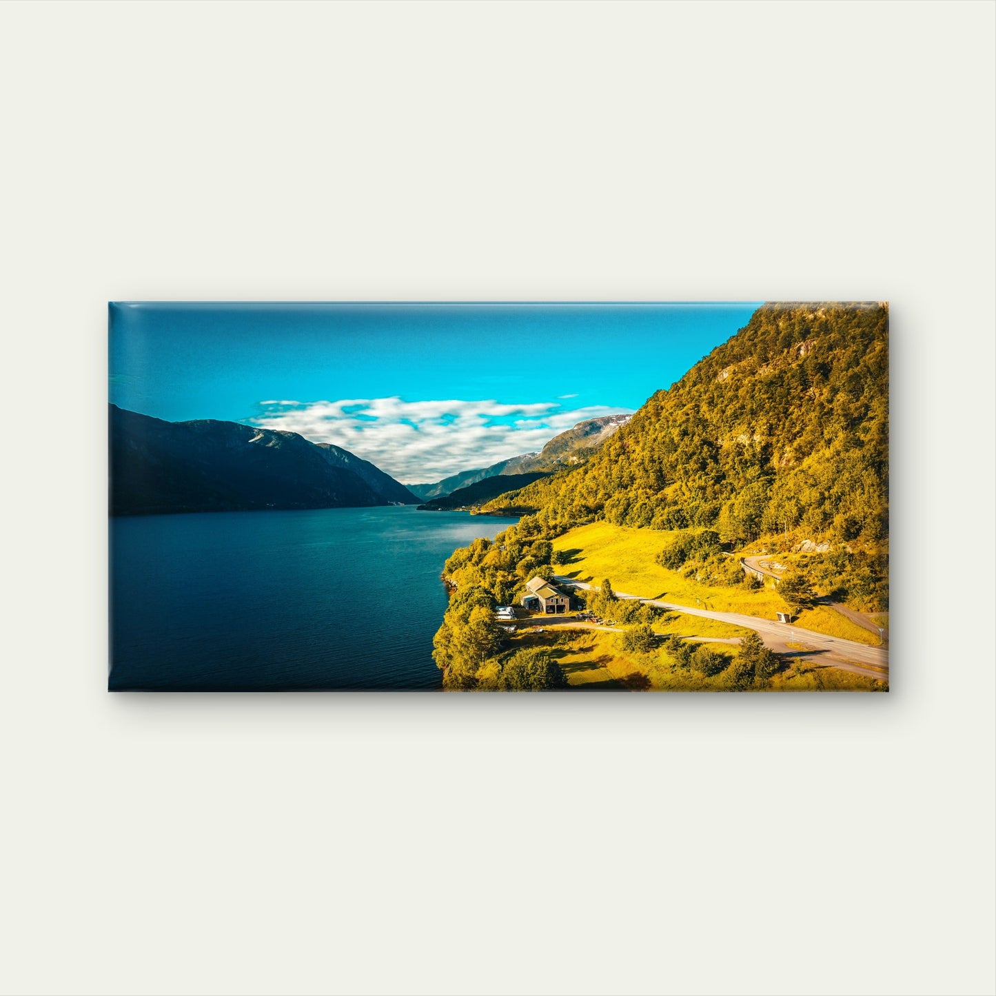 Peaceful Fjord Mountain Cabin Wall Art Canvas Office Home Room Framed 120x60cm