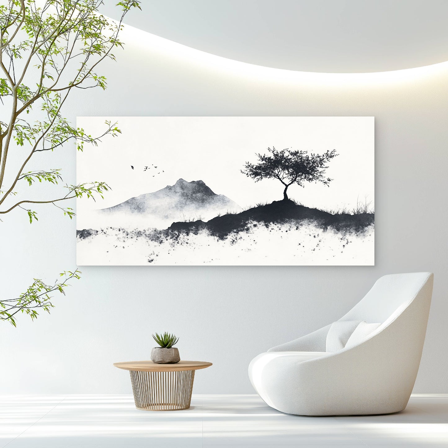Mountain Tree Ink Wash Wall Art Canvas Office Home Room Framed 120x60cm