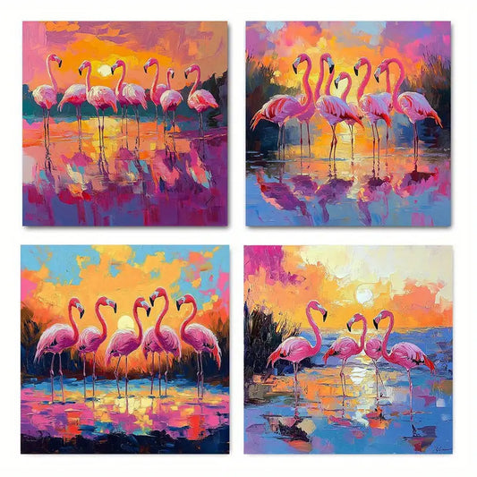 4pcs Flamingo Picture Artwork Wall Art Canvas Framed