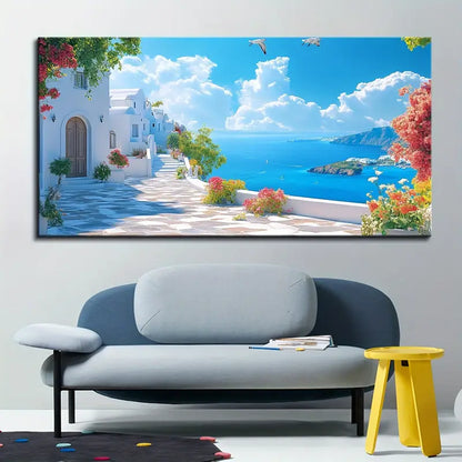 Santorini Seascape Artwork wall canvas office home room framed 120x60cm - Bella Home Decor