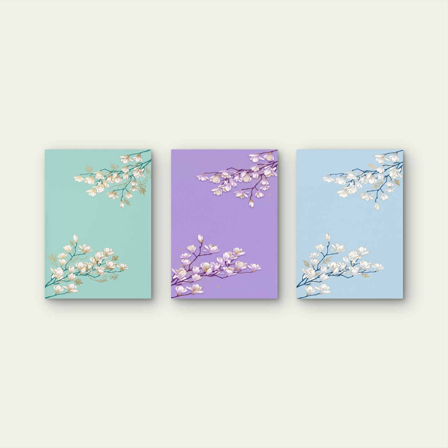 3pcs Golden Line Magnolia Plum Blossom Flower Wall Art Set Canvas Framed 60x90cm - High Quality Print 100% Australian Made Wall Canvas Ready to Hang