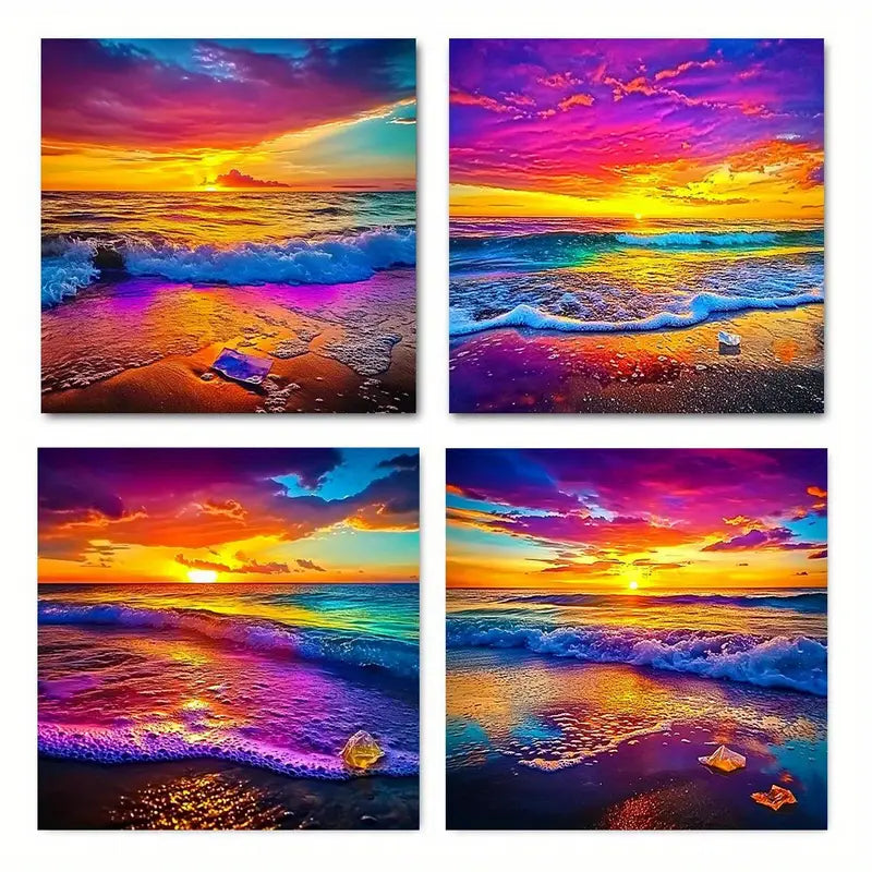 4pcs , Colorful Beach Scenery with Waves CC    Wall Art Canvas Framed