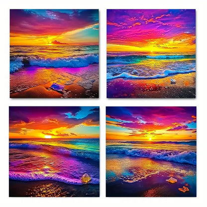 4pcs , Colorful Beach Scenery with Waves CC    Wall Art Canvas Framed