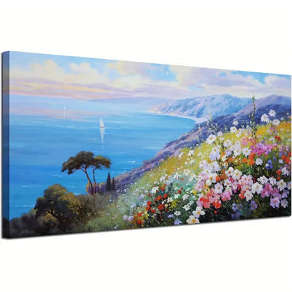 Blue Coastal Vibrant Flowers & Sailboats Ocean Seascape Wall Art canvas office home room framed 120x60cm - Bella Home Decor