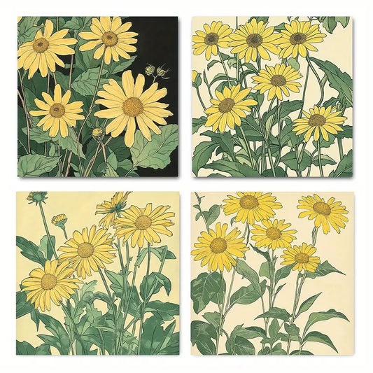 4pcs Flower Painting Style Pattern Wall Art Canvas Framed