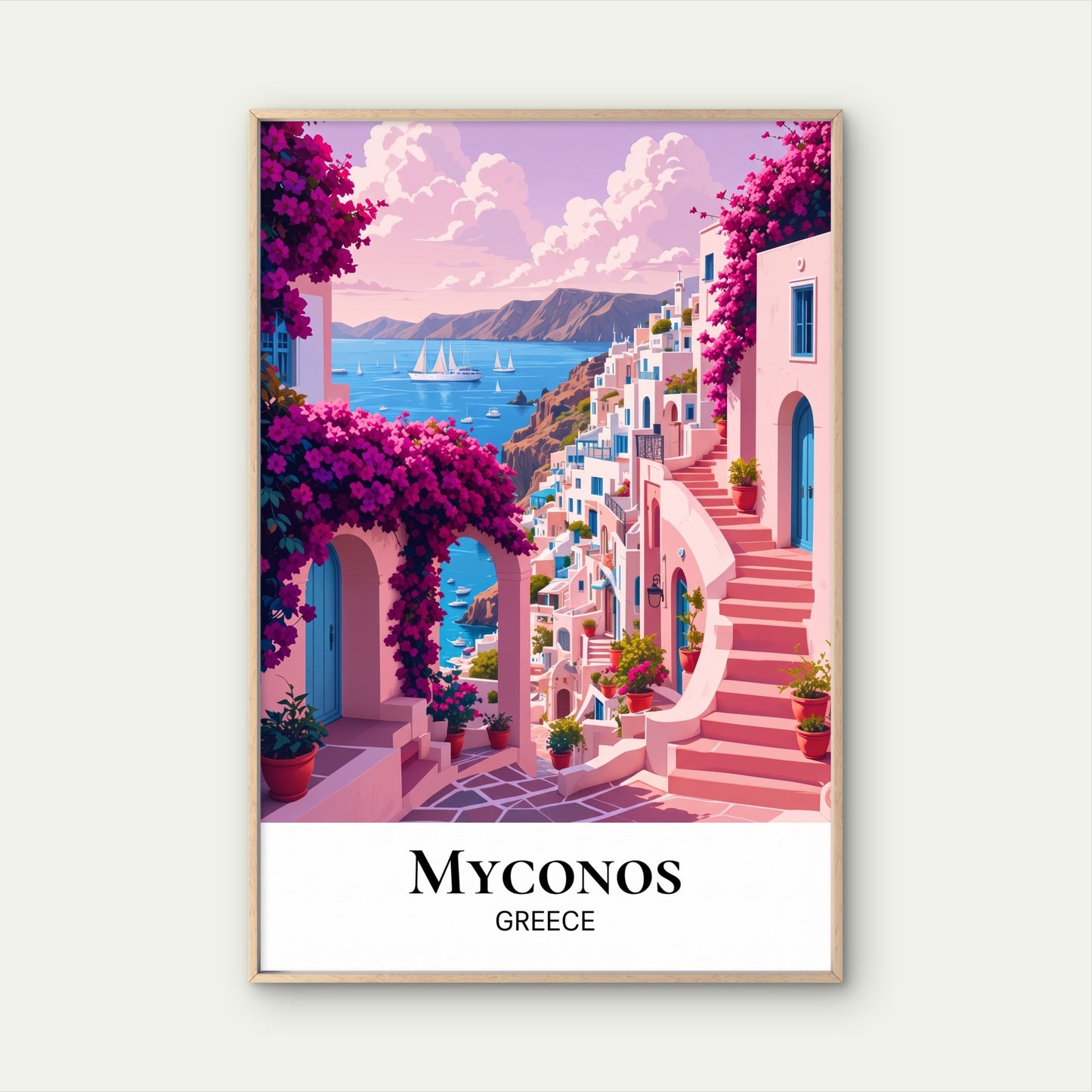 Mykonos Coastal Town With Staircase Greece  Town Travel Poster Print Wall Art