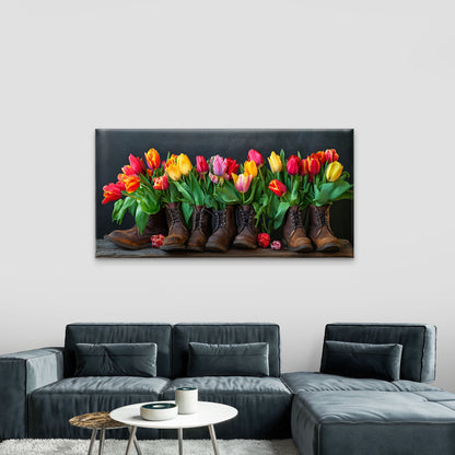 Tulips Boots Floral Painting Wall Art Canvas Office Home Room Framed 120x60cm