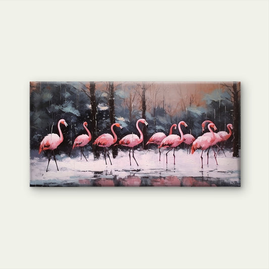 Pink Flamingo Winter Snow Wall Art Canvas Office Home Room Framed 120x60cm