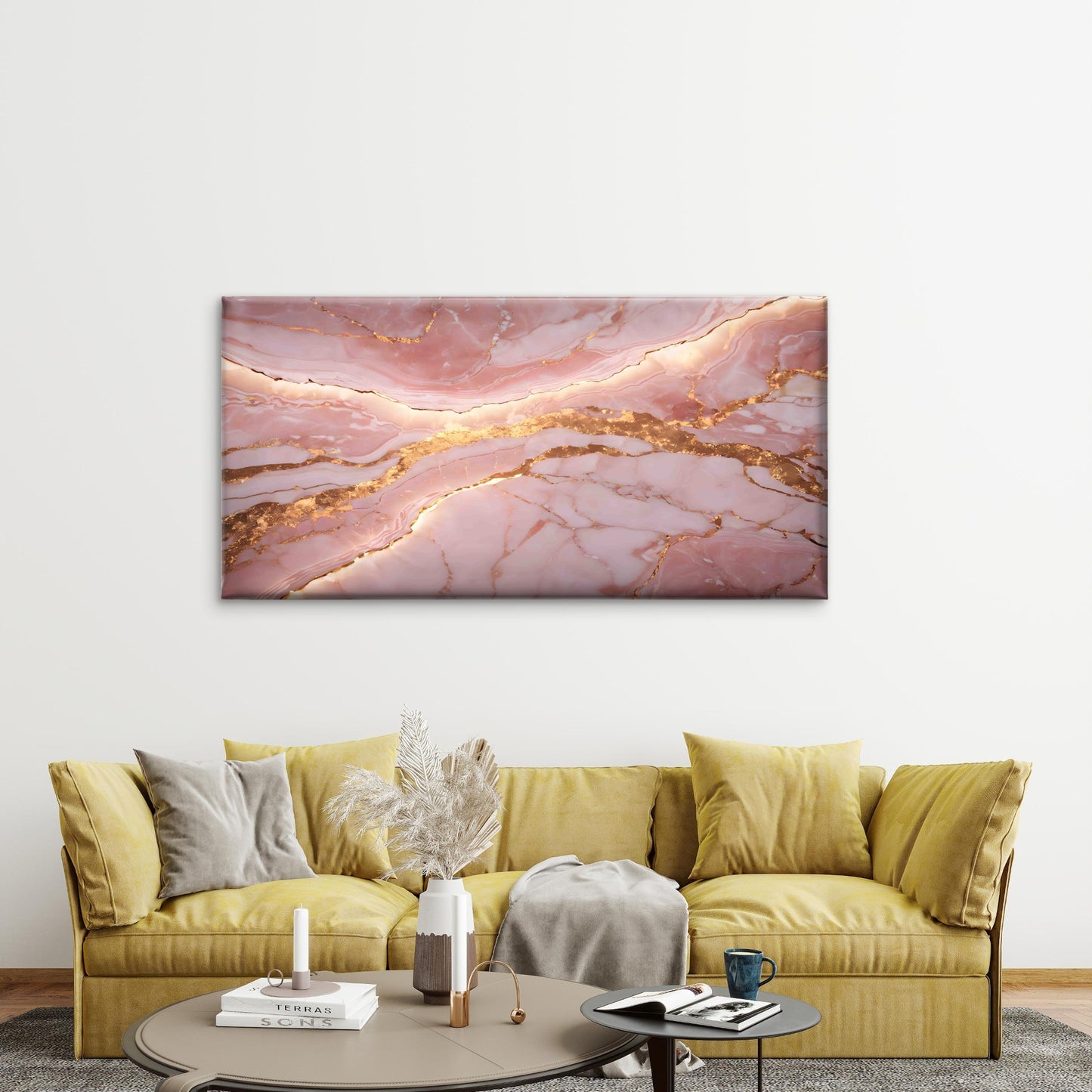 Pink Onyx With Golden Backlit Wall Art Canvas Office Home Room Framed 120x60cm - Bella Home Decor
