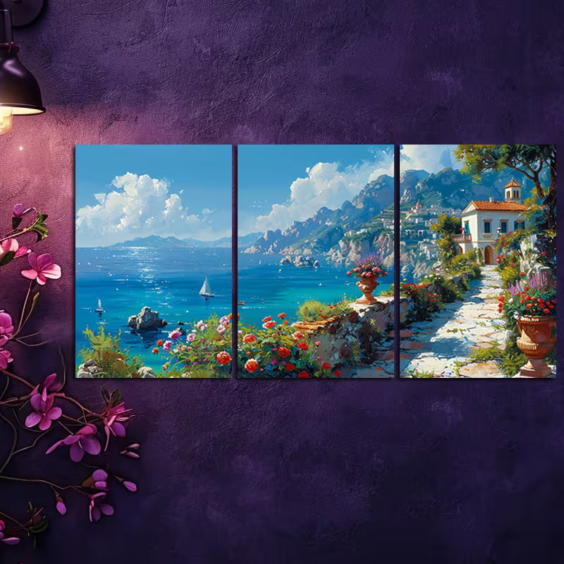 3pcs Coastal Path Scenery with Vibrant Flowers Wall Art Set Canvas Framed 40x60cm - High Quality Print 100% Australian Made Wall Canvas Ready to Hang - Bella Home Decor