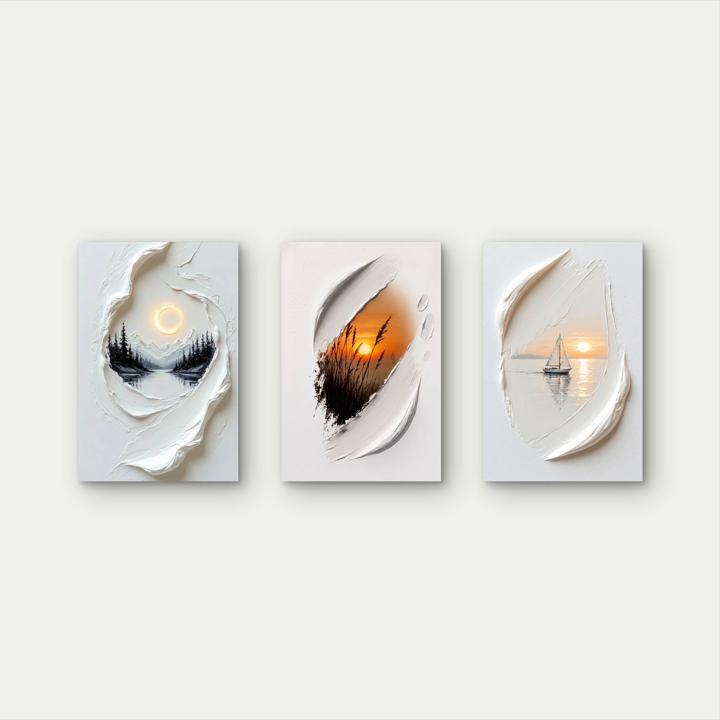 3pcs Sunset Sailboat Mountain Palette Knife  Wall Art Set Canvas Framed 40x60cm - High Quality Print 100% Australian Made Wall Canvas Ready to Hang