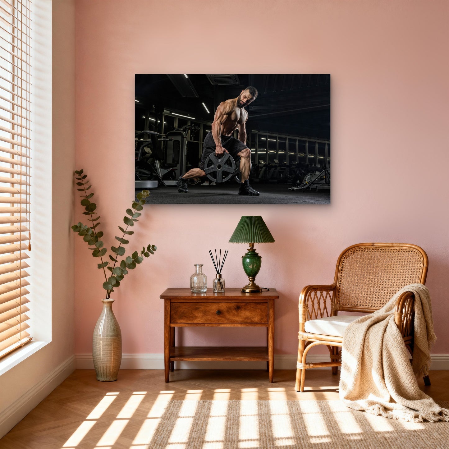 Male Athlete Lunging With Weight Plate Gym Fitness 5mm thick Plastic Poster Ready to Hang 90x60cm