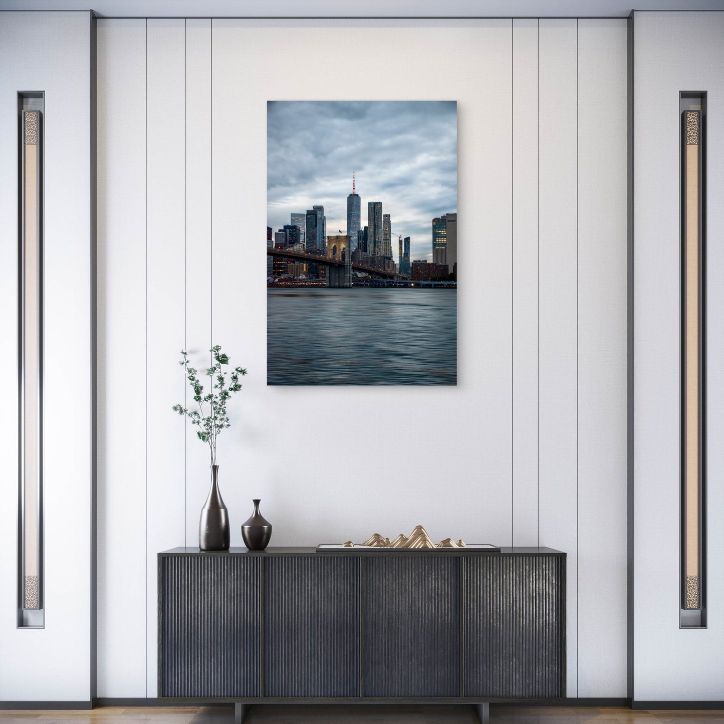 Brooklyn Bridge Towers Over The New York City Skyline 40x60cm Metal Print Ready to Hang