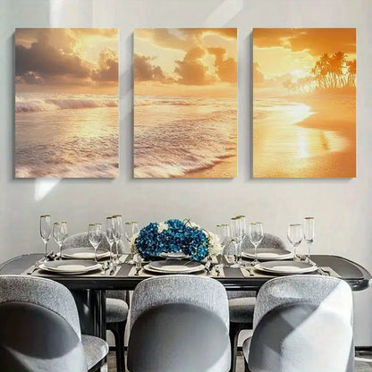 3pcs Shadudu Beach Sunset Glow Triptych Metal Print Ready to Hang Art