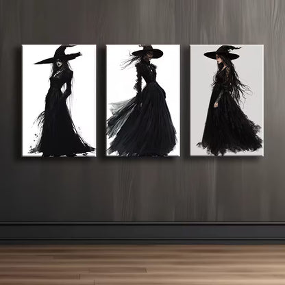 3pcs Elegant Black Witch Wall Art Set Canvas Framed 40x60cm - High Quality Print 100% Australian Made Wall Canvas Ready to Hang