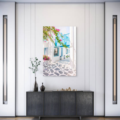 Bougainvillea Santorini White Village Beautiful40x60cm Metal Print Ready to Hang - Bella Home Decor