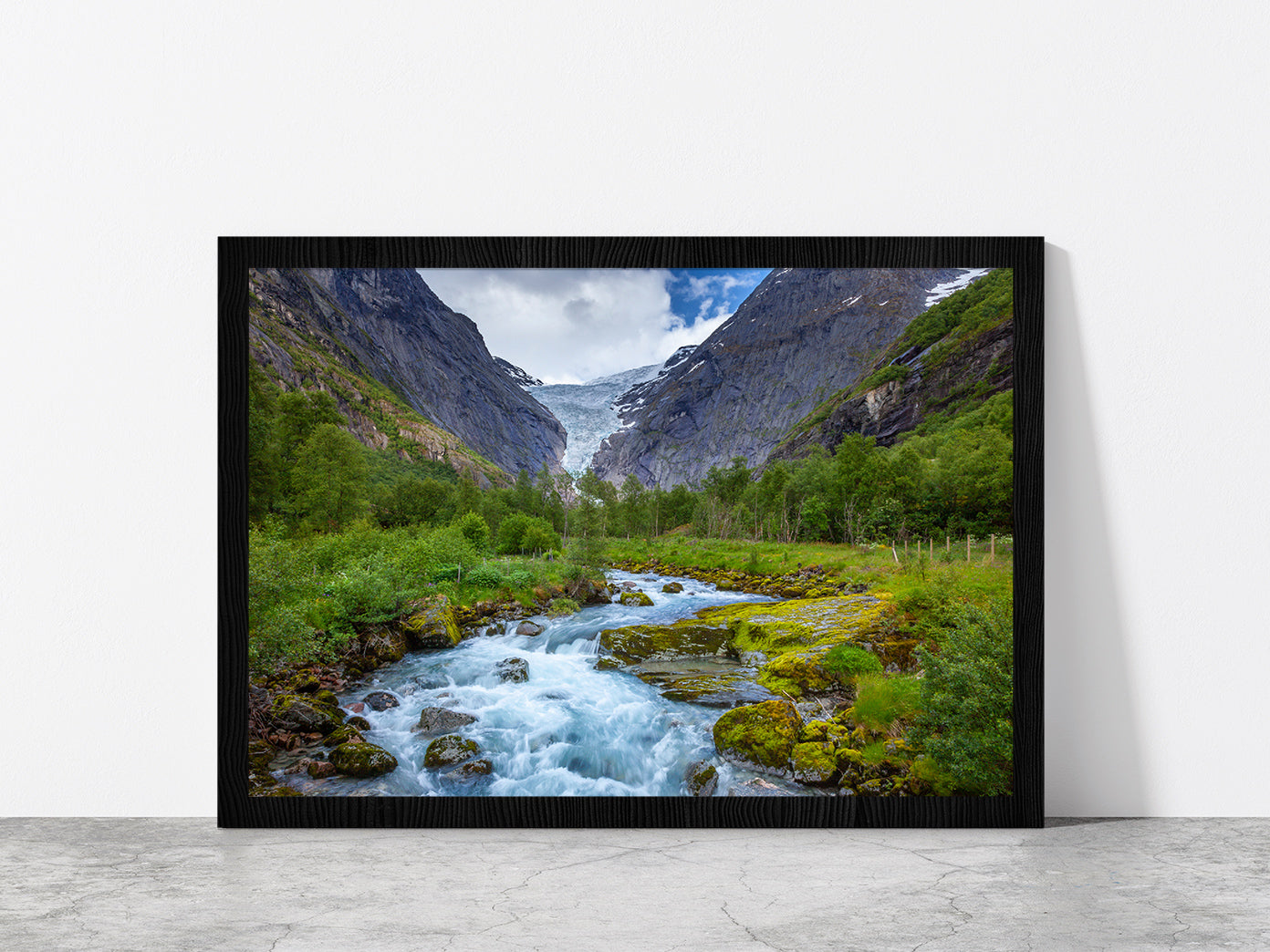 Rocky Mountains With Forest River Glass Framed Wall Art, Ready to Hang Quality Print Without White Border Black