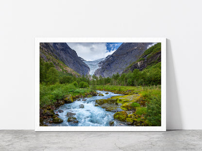 Rocky Mountains With Forest River Glass Framed Wall Art, Ready to Hang Quality Print Without White Border White