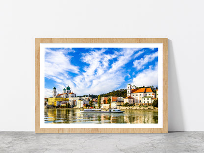 Town Of Bavarian Village Passau Glass Framed Wall Art, Ready to Hang Quality Print With White Border Oak