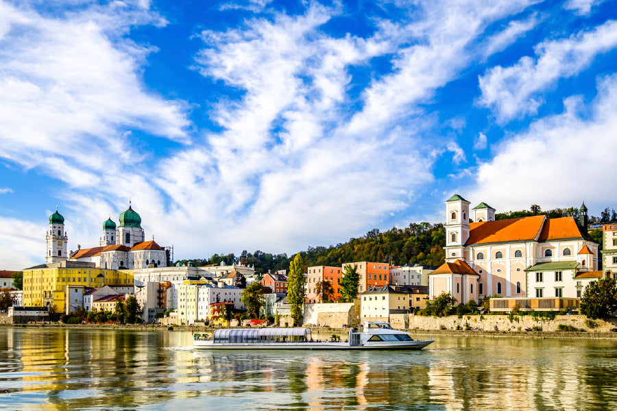 Town Of Bavarian Village Passau Glass Framed Wall Art, Ready to Hang Quality Print