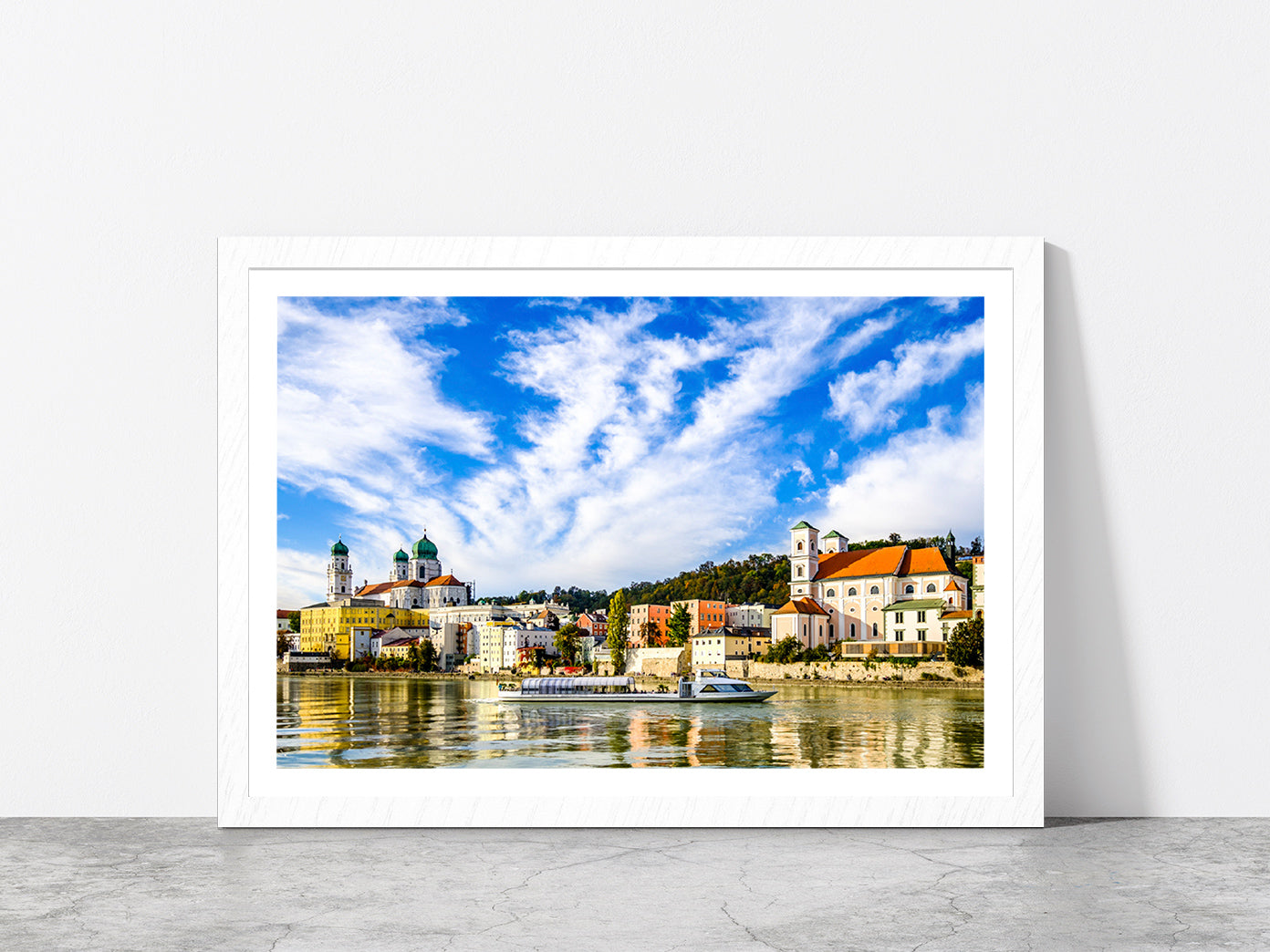 Town Of Bavarian Village Passau Glass Framed Wall Art, Ready to Hang Quality Print With White Border White