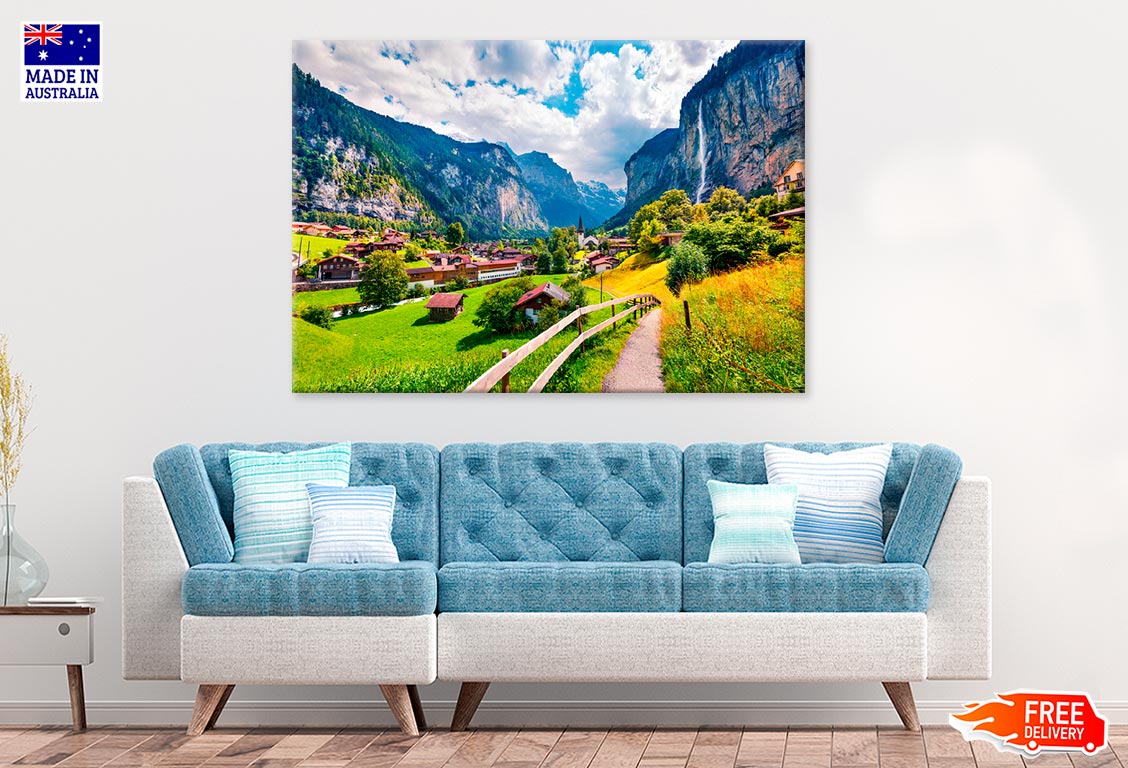 Waterfall In Lauterbrunnen Village Print 100% Australian Made