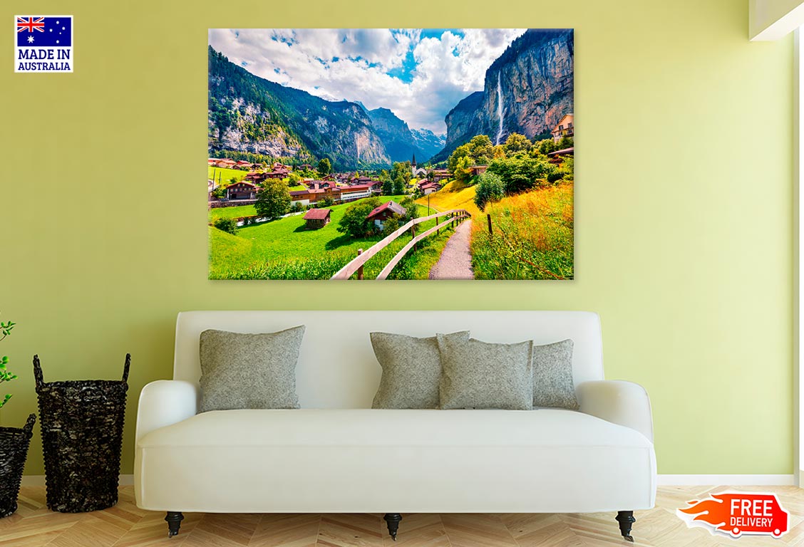 Waterfall In Lauterbrunnen Village Print 100% Australian Made