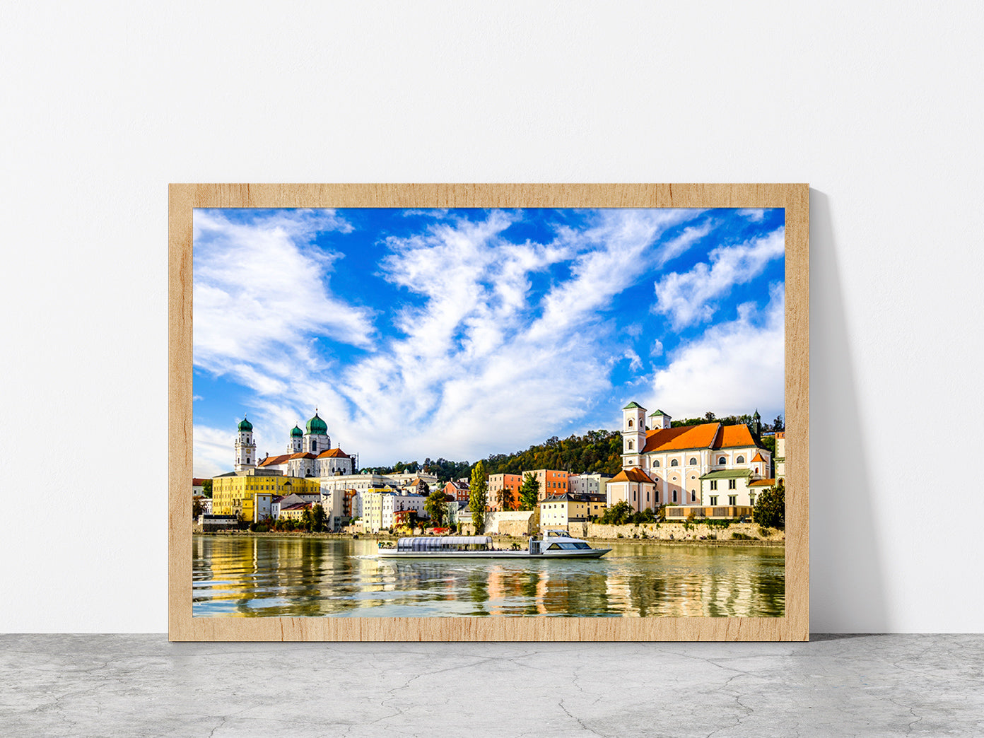 Town Of Bavarian Village Passau Glass Framed Wall Art, Ready to Hang Quality Print Without White Border Oak