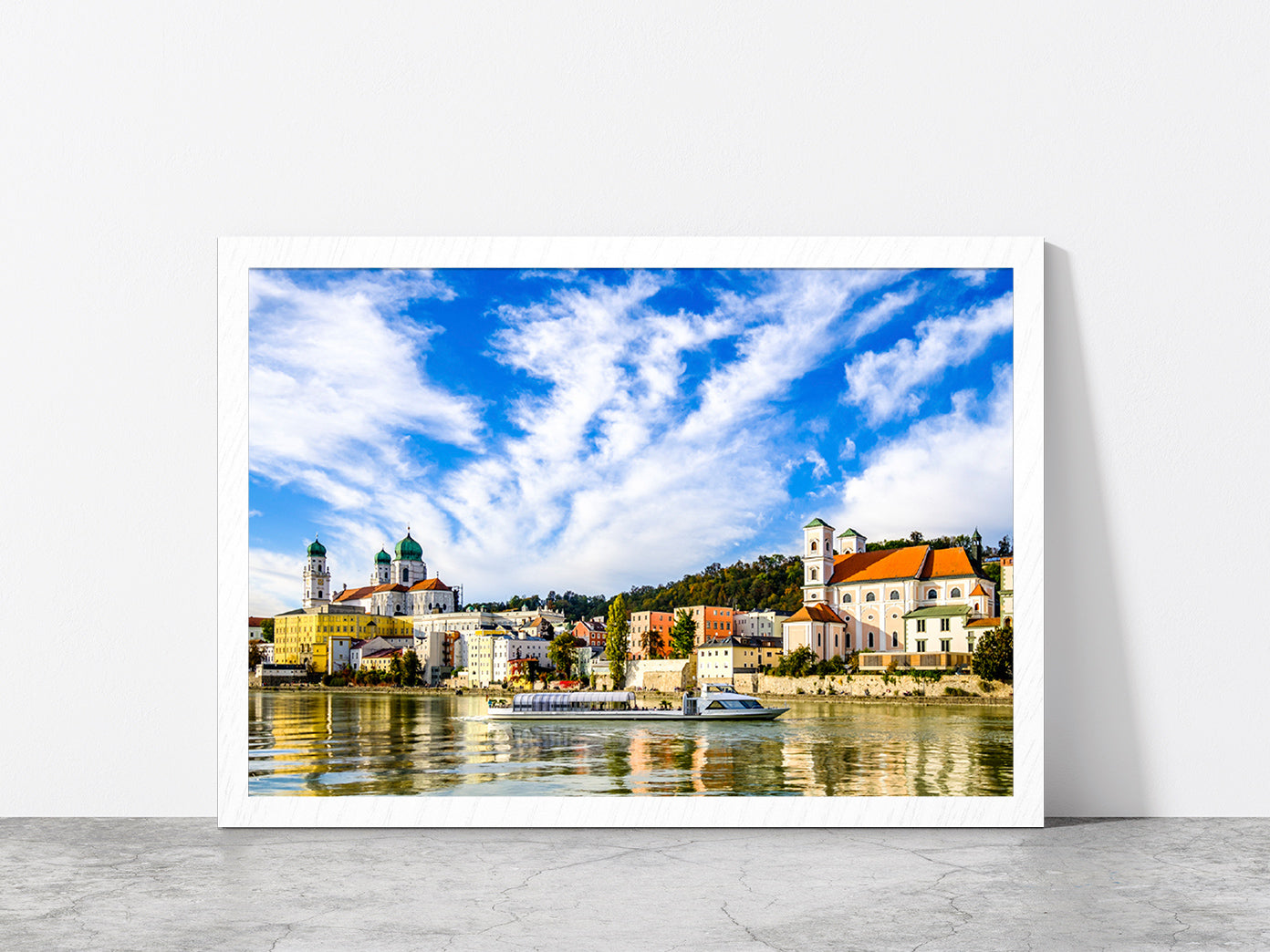 Town Of Bavarian Village Passau Glass Framed Wall Art, Ready to Hang Quality Print Without White Border White