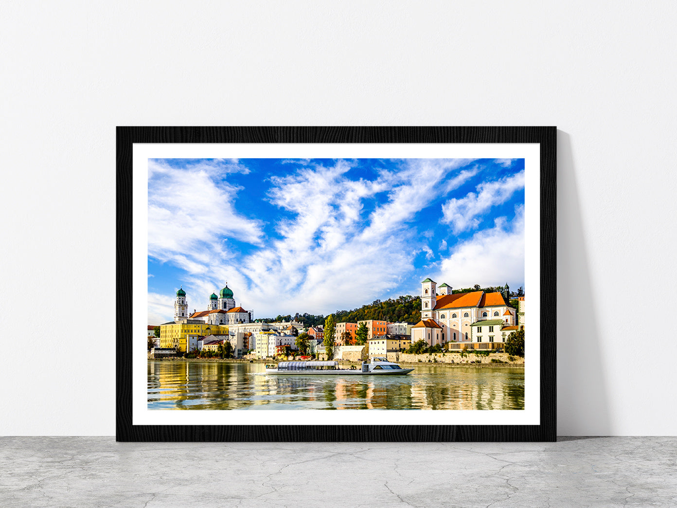 Town Of Bavarian Village Passau Glass Framed Wall Art, Ready to Hang Quality Print With White Border Black