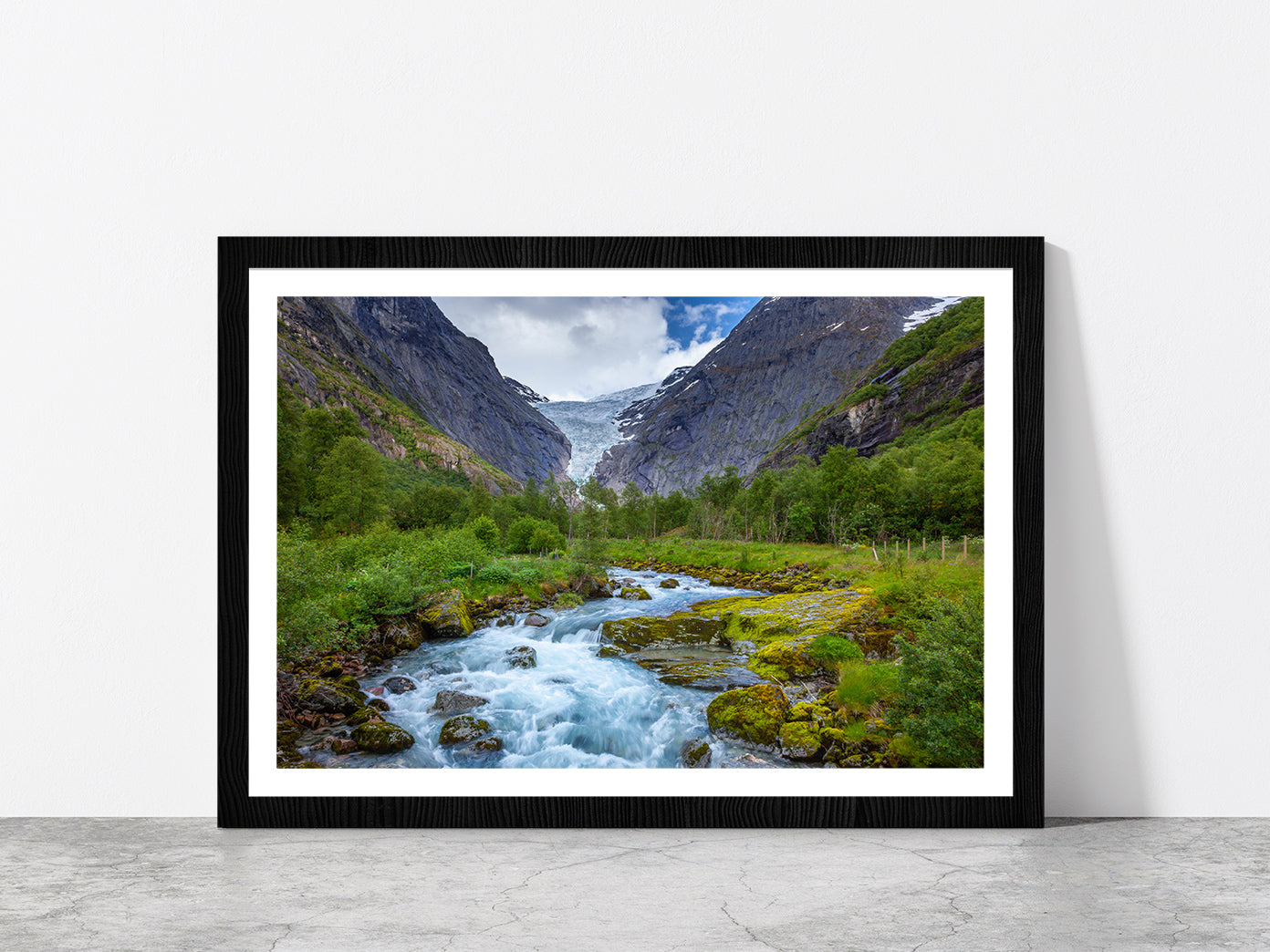 Rocky Mountains With Forest River Glass Framed Wall Art, Ready to Hang Quality Print With White Border Black