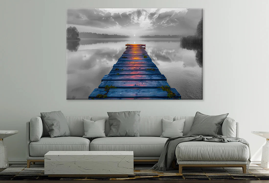 Wooden pier overlooking the lake at sunset 90x60cm Print 100% Australian Made