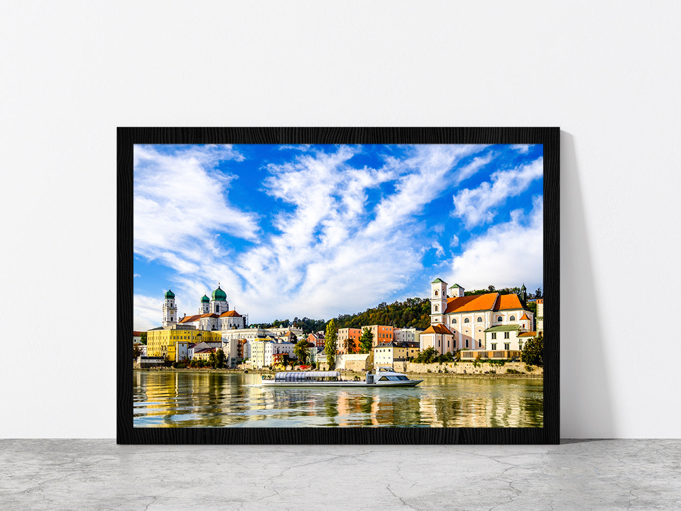 Town Of Bavarian Village Passau Glass Framed Wall Art, Ready to Hang Quality Print Without White Border Black